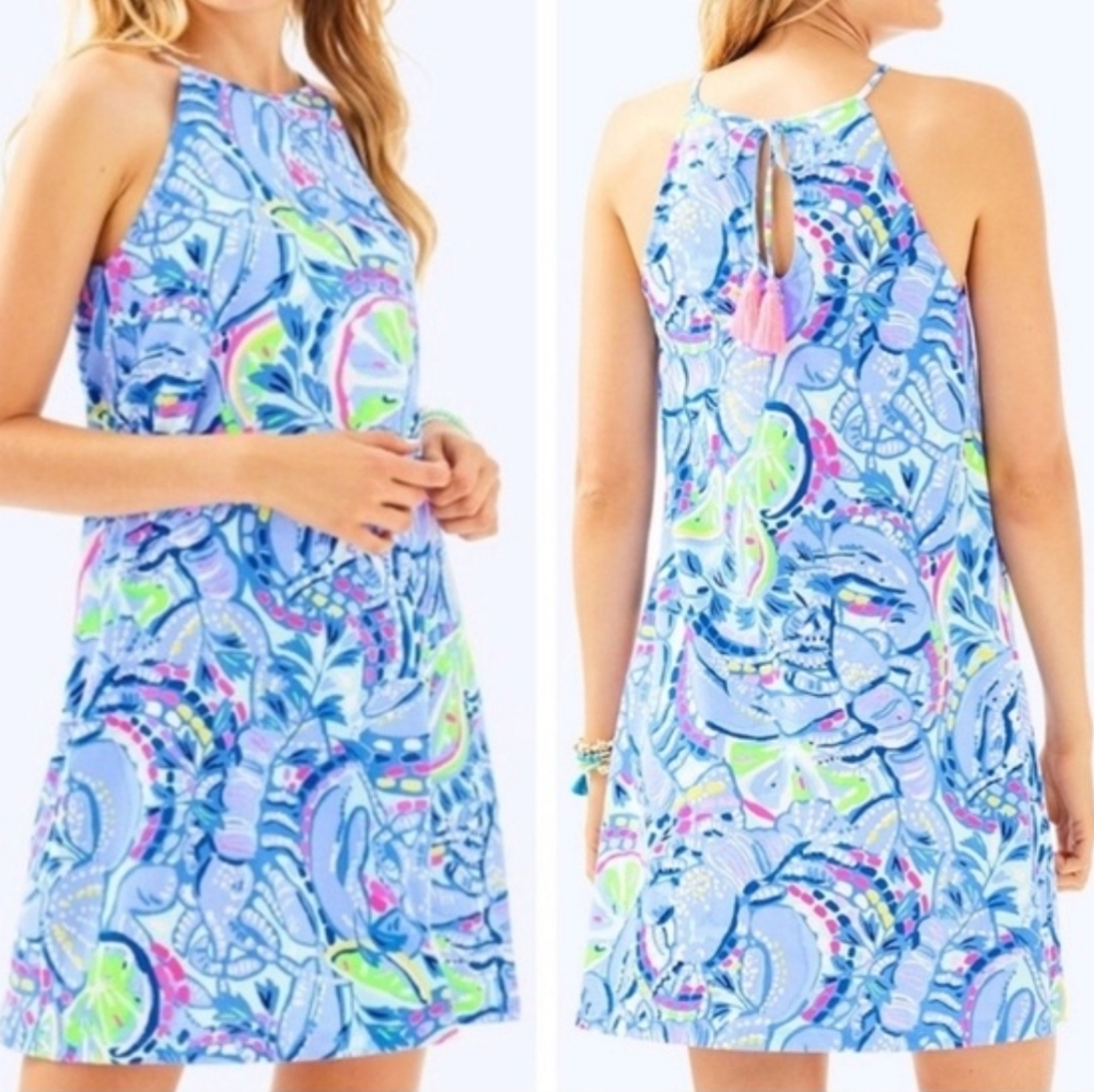 Lilly Pulitzer Margot Swing Halter Dress  "Blue Peri Pinch Pinch" Lobster/Citrus